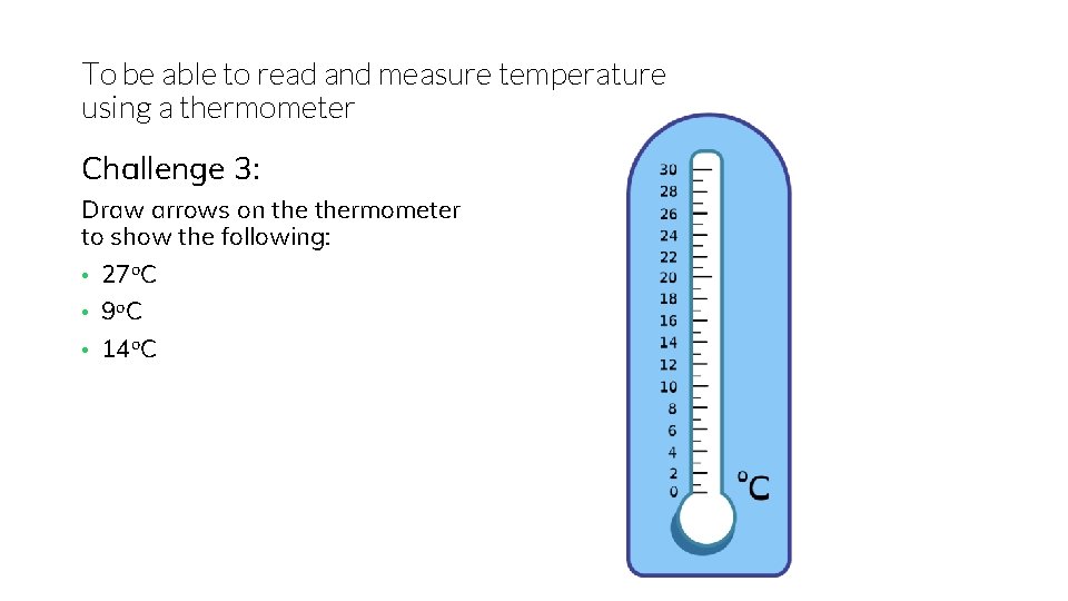 To be able to read and measure temperature using a thermometer Challenge 3: Draw