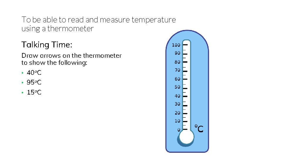 To be able to read and measure temperature using a thermometer Talking Time: Draw