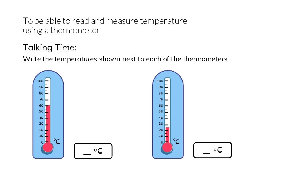 To be able to read and measure temperature using a thermometer Talking Time: Write