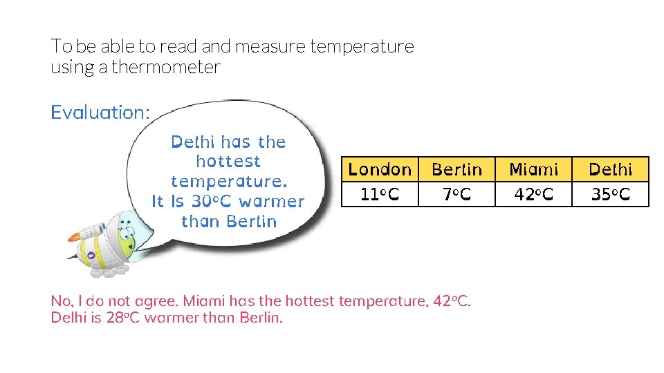 To be able to read and measure temperature using a thermometer Evaluation: Delhi has