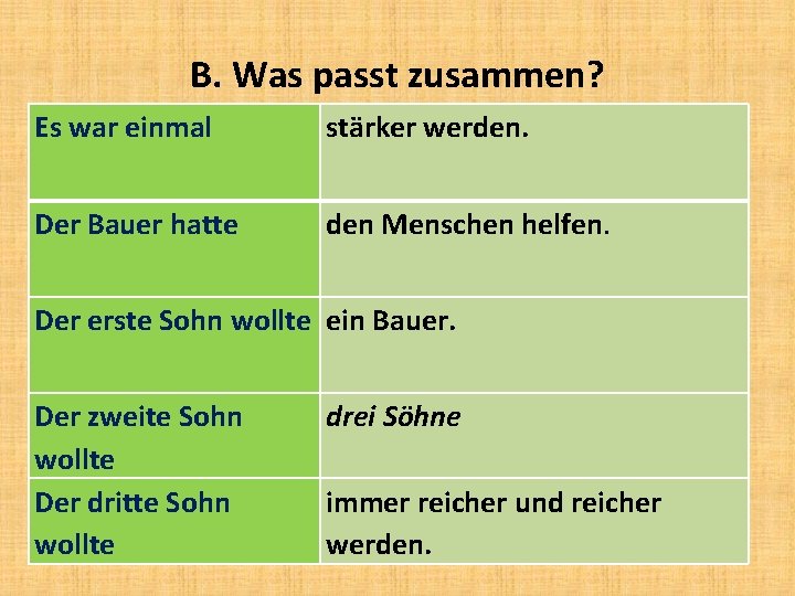 B. Was passt zusammen? Es war einmal stärker werden. Der Bauer hatte den Menschen