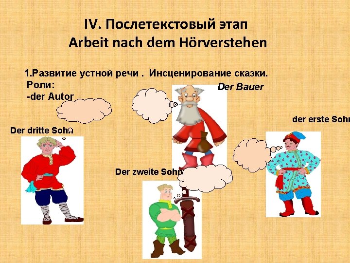 IV. Послетекстовый этап Arbeit nach dem Hörverstehen 1. Развитие устной речи. Инсценирование сказки. Роли: