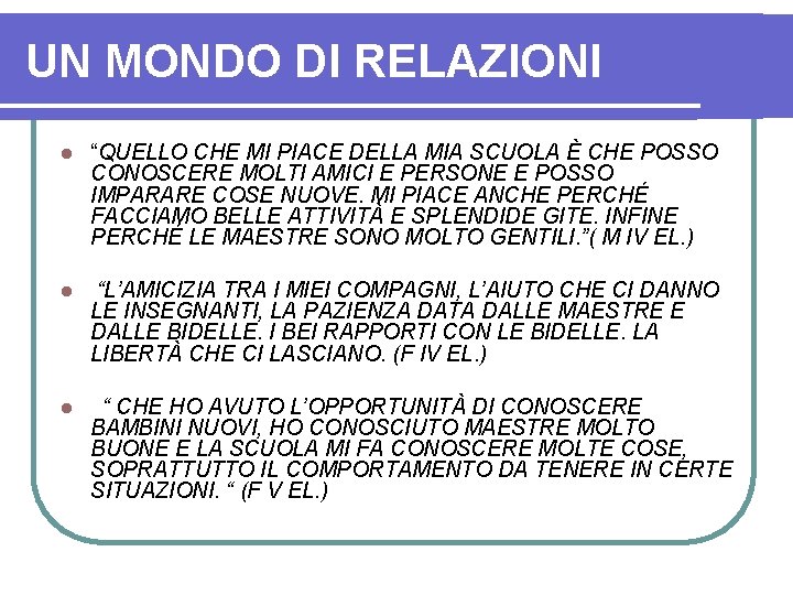 UN MONDO DI RELAZIONI l “QUELLO CHE MI PIACE DELLA MIA SCUOLA È CHE