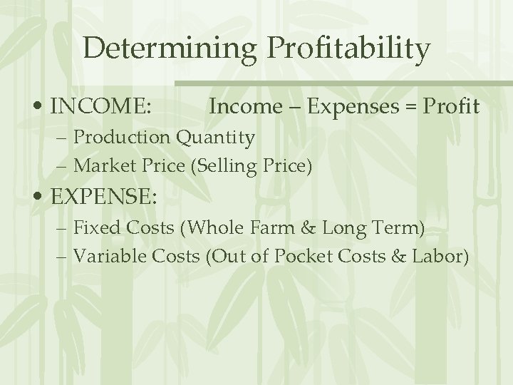 Determining Profitability • INCOME: Income – Expenses = Profit – Production Quantity – Market