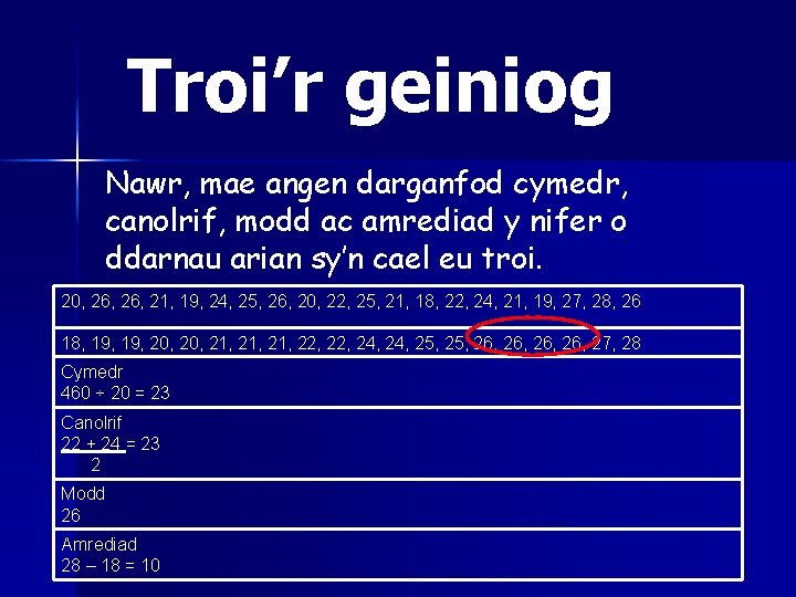 Troi’r geiniog Nawr, mae angen darganfod cymedr, canolrif, modd ac amrediad y nifer o