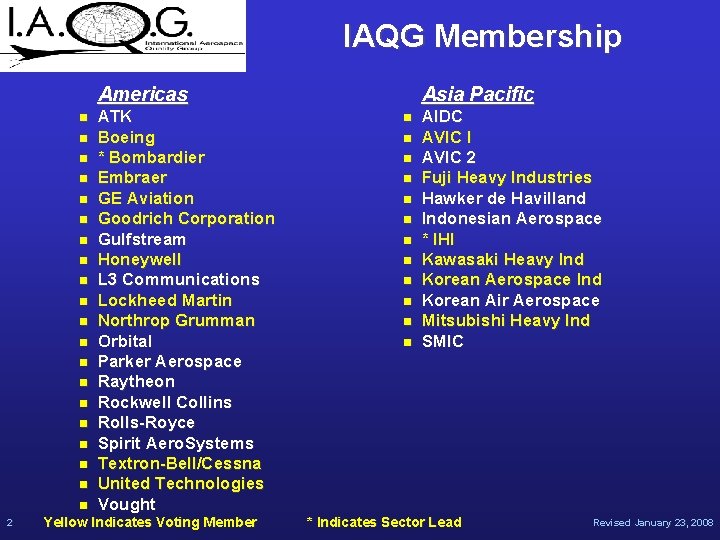 IAQG Membership Americas n n n n n 2 ATK Boeing * Bombardier Embraer