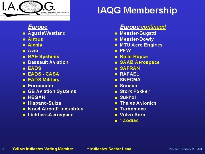 IAQG Membership Europe n n n n Agusta. Westland Airbus Alenia Avio BAE Systems