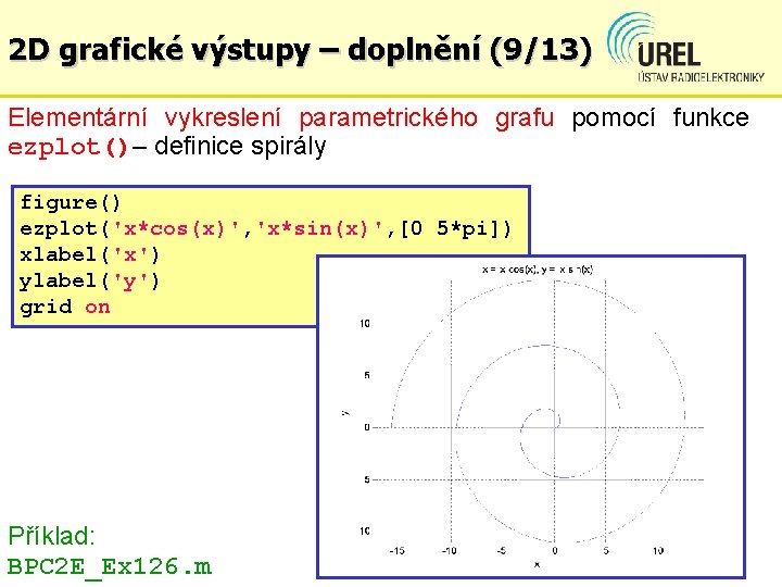 2 D grafické výstupy – doplnění (9/13) Elementární vykreslení parametrického grafu pomocí funkce ezplot()–