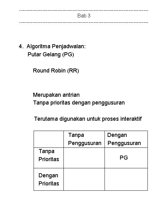 ---------------------------------------Bab 3 --------------------------------------- 4. Algoritma Penjadwalan: Putar Gelang (PG) Round Robin (RR) Merupakan antrian