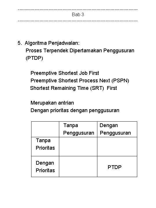 ---------------------------------------Bab 3 --------------------------------------- 5. Algoritma Penjadwalan: Proses Terpendek Dipertamakan Penggusuran (PTDP) Preemptive Shortest Job