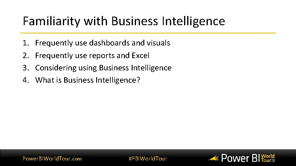 Familiarity with Business Intelligence 1. 2. 3. 4. Frequently use dashboards and visuals Frequently