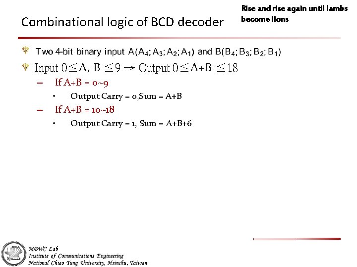 Combinational logic of BCD decoder Input 0≦A, B ≦ 9 → Output 0≦A+B ≦