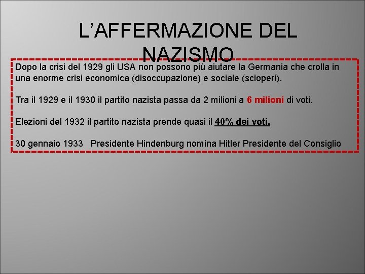 L’AFFERMAZIONE DEL NAZISMO Dopo la crisi del 1929 gli USA non possono più aiutare