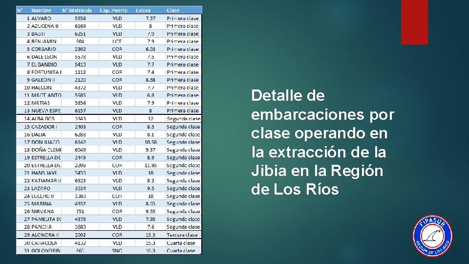 Detalle de embarcaciones por clase operando en la extracción de la Jibia en la