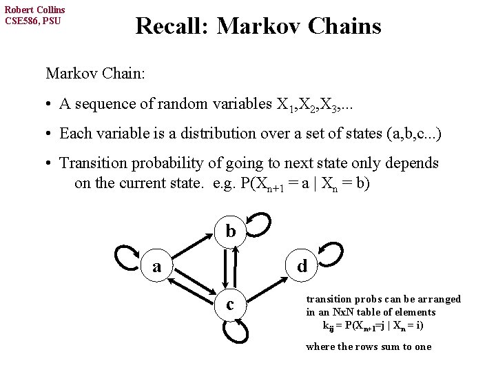 Robert Collins CSE 586, PSU Recall: Markov Chains Markov Chain: • A sequence of