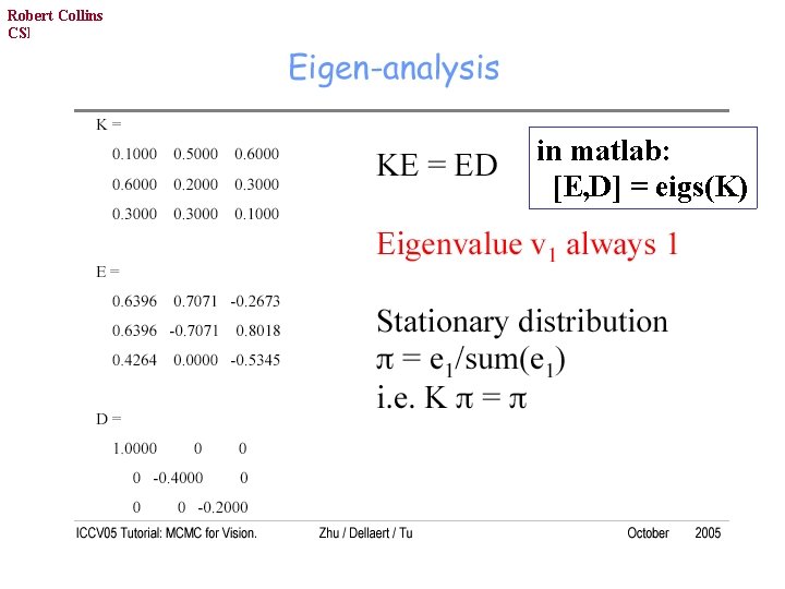 Robert Collins CSE 586, PSU in matlab: [E, D] = eigs(K) 