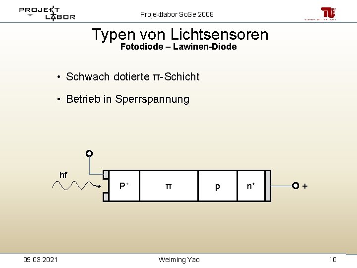 Projektlabor So. Se 2008 Typen von Lichtsensoren Fotodiode – Lawinen-Diode • Schwach dotierte π-Schicht