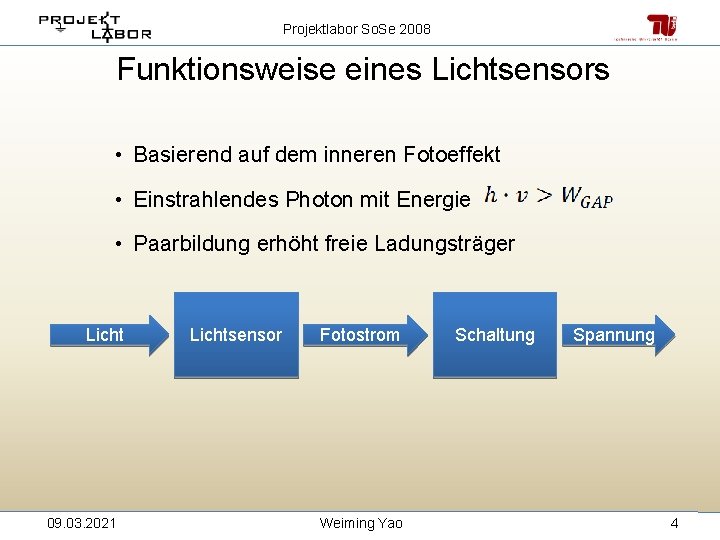 Projektlabor So. Se 2008 Funktionsweise eines Lichtsensors • Basierend auf dem inneren Fotoeffekt •