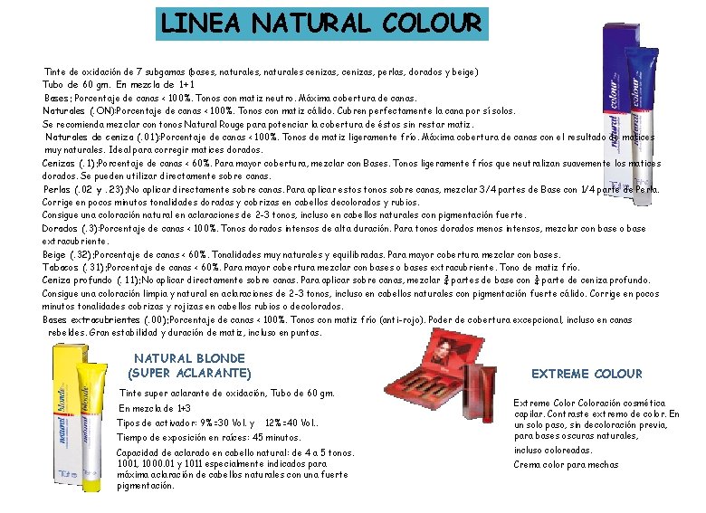 LINEA NATURAL COLOUR Tinte de oxidación de 7 subgamas (bases, naturales cenizas, perlas, dorados