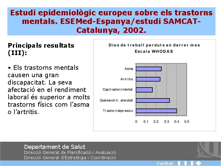 Estudi epidemiològic europeu sobre els trastorns mentals. ESEMed-Espanya/estudi SAMCATCatalunya, 2002. Principals resultats (III): •