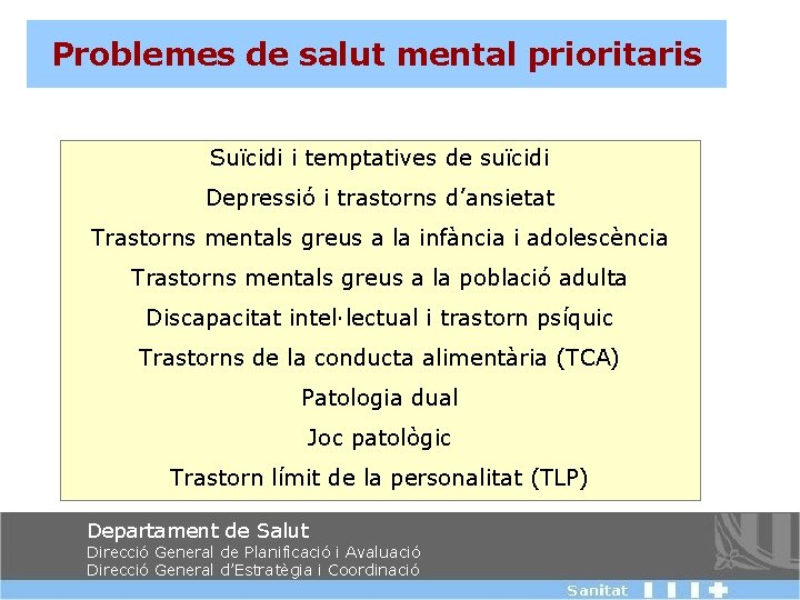 Problemes de salut mental prioritaris Suïcidi i temptatives de suïcidi Depressió i trastorns d’ansietat