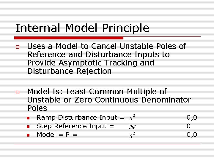 Internal Model Principle o o Uses a Model to Cancel Unstable Poles of Reference