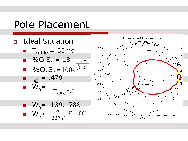 Pole Placement o Ideal Situation n n Tsettle = 60 ms %O. S. =