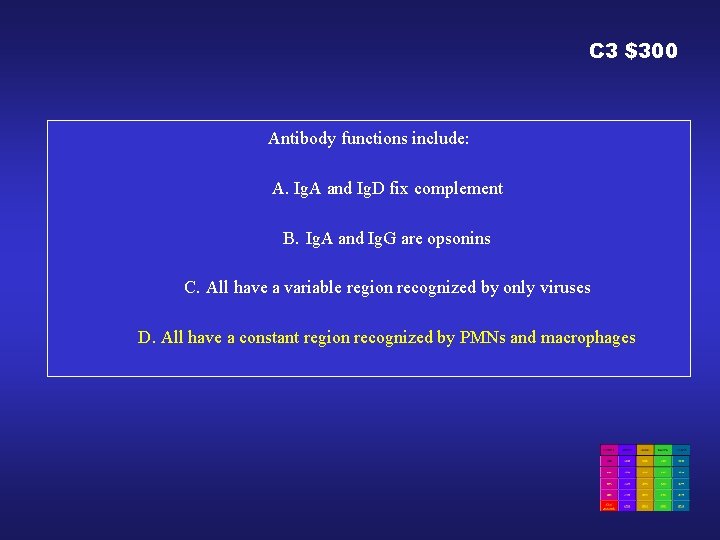 C 3 $300 Antibody functions include: A. Ig. A and Ig. D fix complement