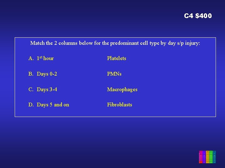 C 4 $400 Match the 2 columns below for the predominant cell type by