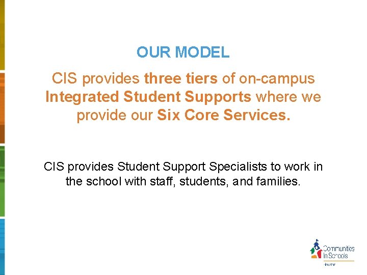 OUR MODEL CIS provides three tiers of on-campus Integrated Student Supports where we provide