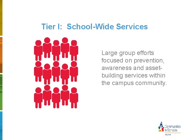 Tier I: School-Wide Services Large group efforts focused on prevention, awareness and assetbuilding services