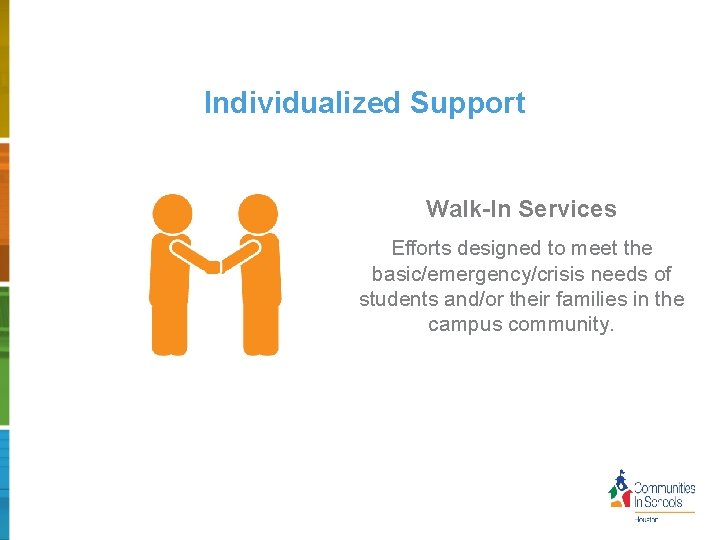 Individualized Support Walk-In Services Efforts designed to meet the basic/emergency/crisis needs of students and/or