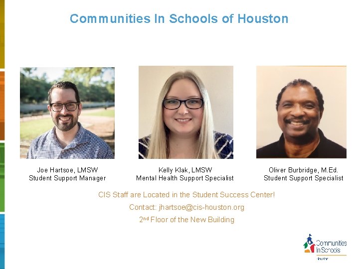 Communities In Schools of Houston Joe Hartsoe, LMSW Student Support Manager Kelly Klak, LMSW