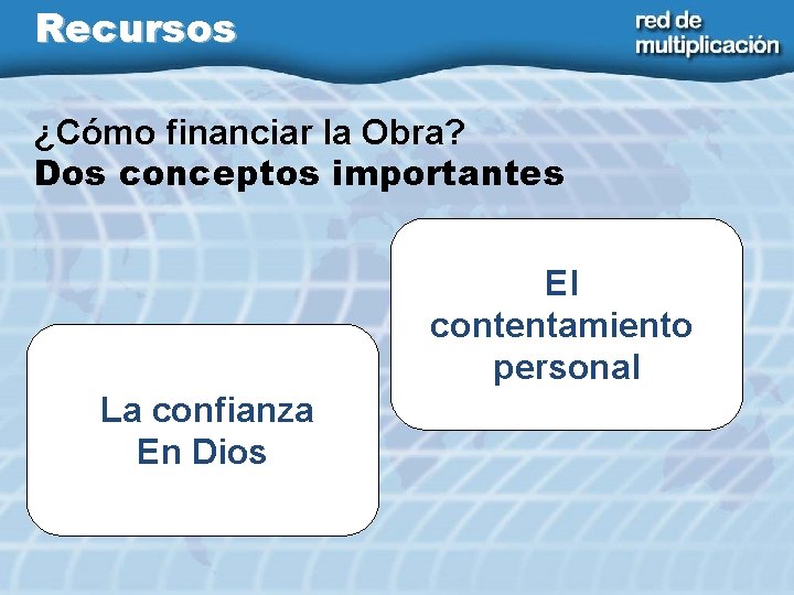 Recursos ¿Cómo financiar la Obra? Dos conceptos importantes El contentamiento personal La confianza En