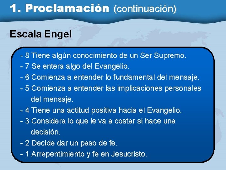 1. Proclamación (continuación) Escala Engel - 8 Tiene algún conocimiento de un Ser Supremo.