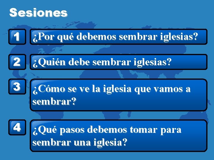 Sesiones 1 ¿Por qué debemos sembrar iglesias? 2 ¿Quién debe sembrar iglesias? 3 ¿Cómo