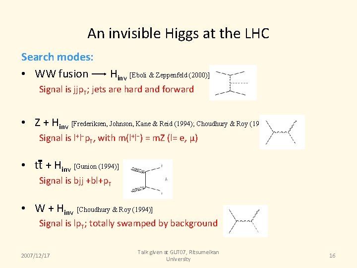 An invisible Higgs at the LHC Search modes: • WW fusion Hinv [Eboli &