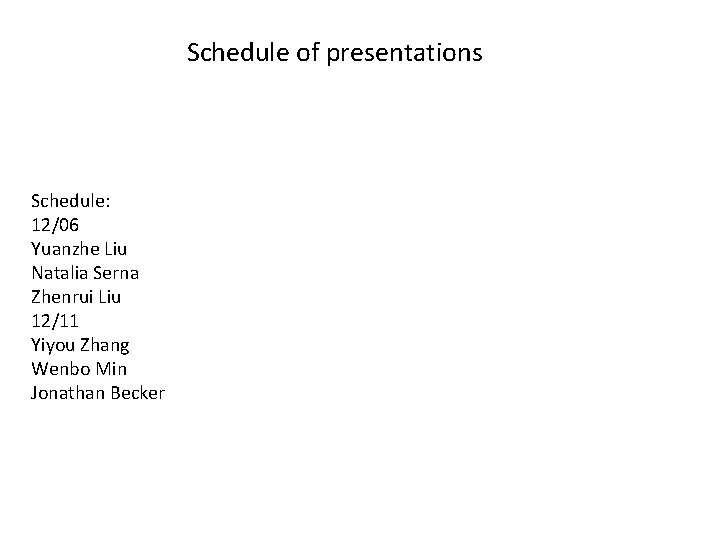 Schedule of presentations Schedule: 12/06 Yuanzhe Liu Natalia Serna Zhenrui Liu 12/11 Yiyou Zhang
