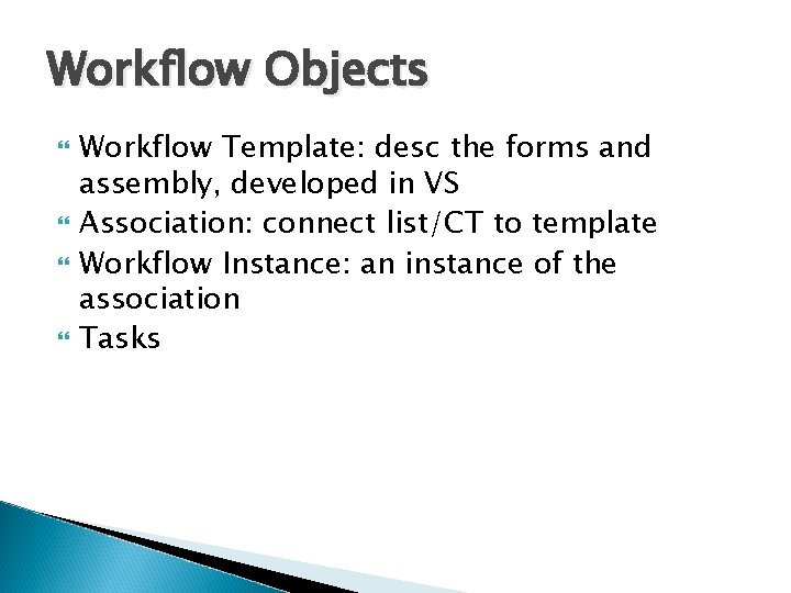 Workflow Objects Workflow Template: desc the forms and assembly, developed in VS Association: connect