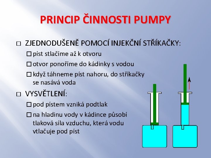 PRINCIP ČINNOSTI PUMPY � ZJEDNODUŠENĚ POMOCÍ INJEKČNÍ STŘÍKAČKY: � píst stlačíme až k otvoru