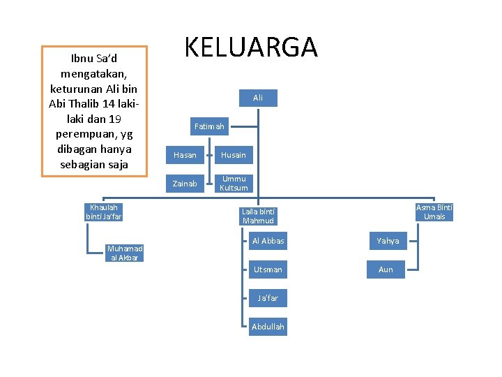 Ibnu Sa’d mengatakan, keturunan Ali bin Abi Thalib 14 laki dan 19 perempuan, yg