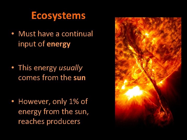 Ecosystems • Must have a continual input of energy • This energy usually comes