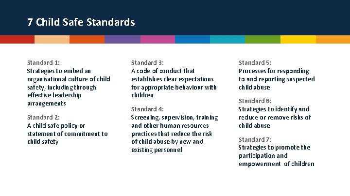 7 Child Safe Standards Standard 1: Strategies to embed an organisational culture of child