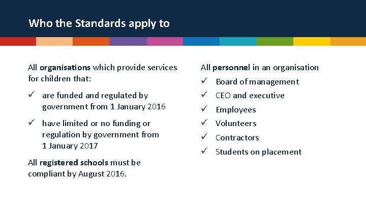Who the Standards apply to All organisations which provide services for children that: ü
