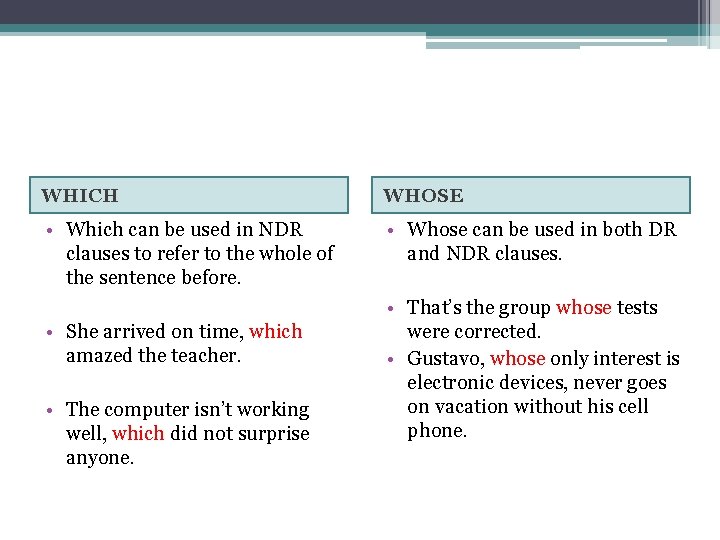WHICH WHOSE • Which can be used in NDR clauses to refer to the