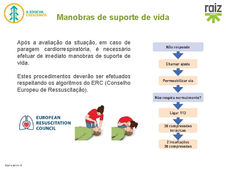 Manobras de suporte de vida Após a avaliação da situação, em caso de paragem