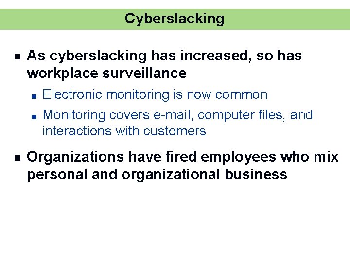 Cyberslacking n As cyberslacking has increased, so has workplace surveillance ■ ■ n Electronic