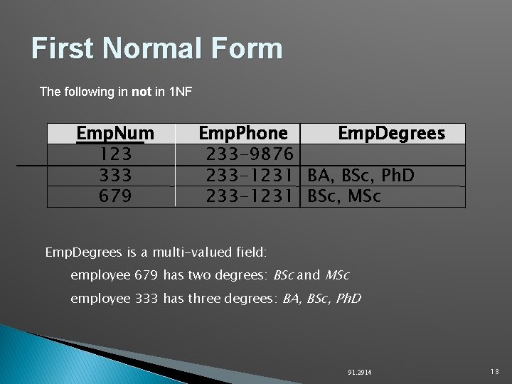 First Normal Form The following in not in 1 NF Emp. Num 123 333