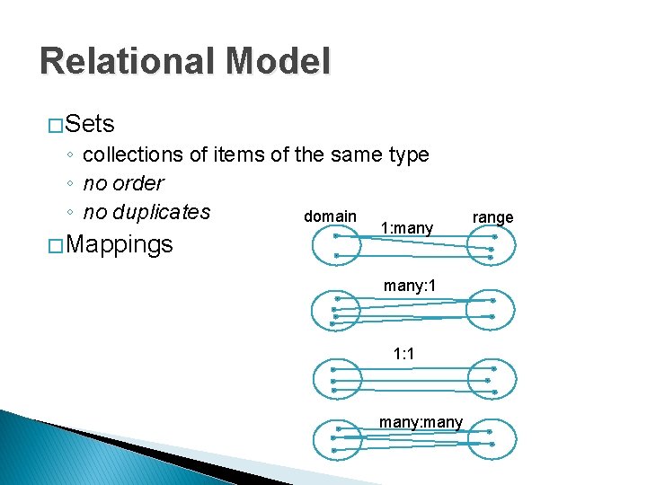 Relational Model � Sets ◦ collections of items of the same type ◦ no