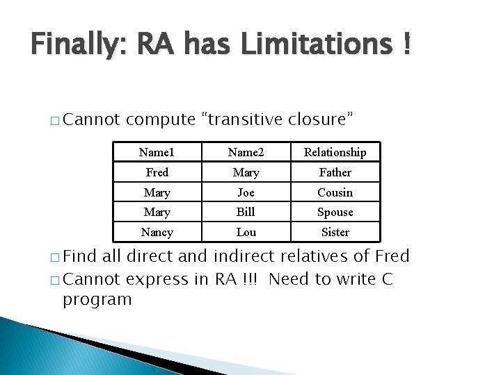 Finally: RA has Limitations ! � Cannot � Find compute “transitive closure” Name 1